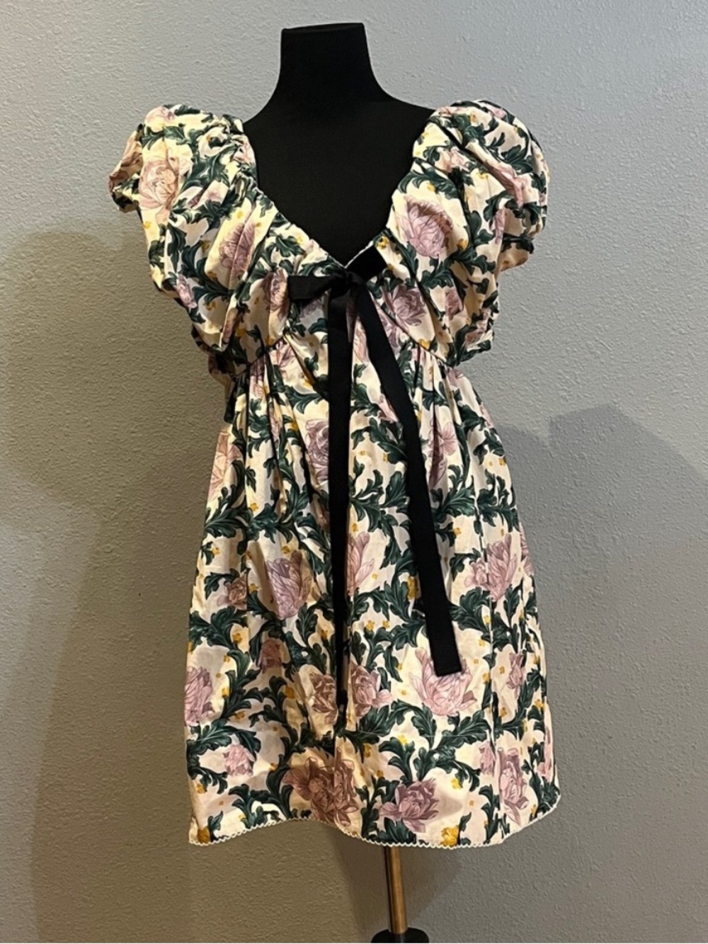 Agua by Agua Bendita Cream Floral Mini Dress with Green Leaves and Pink Roses